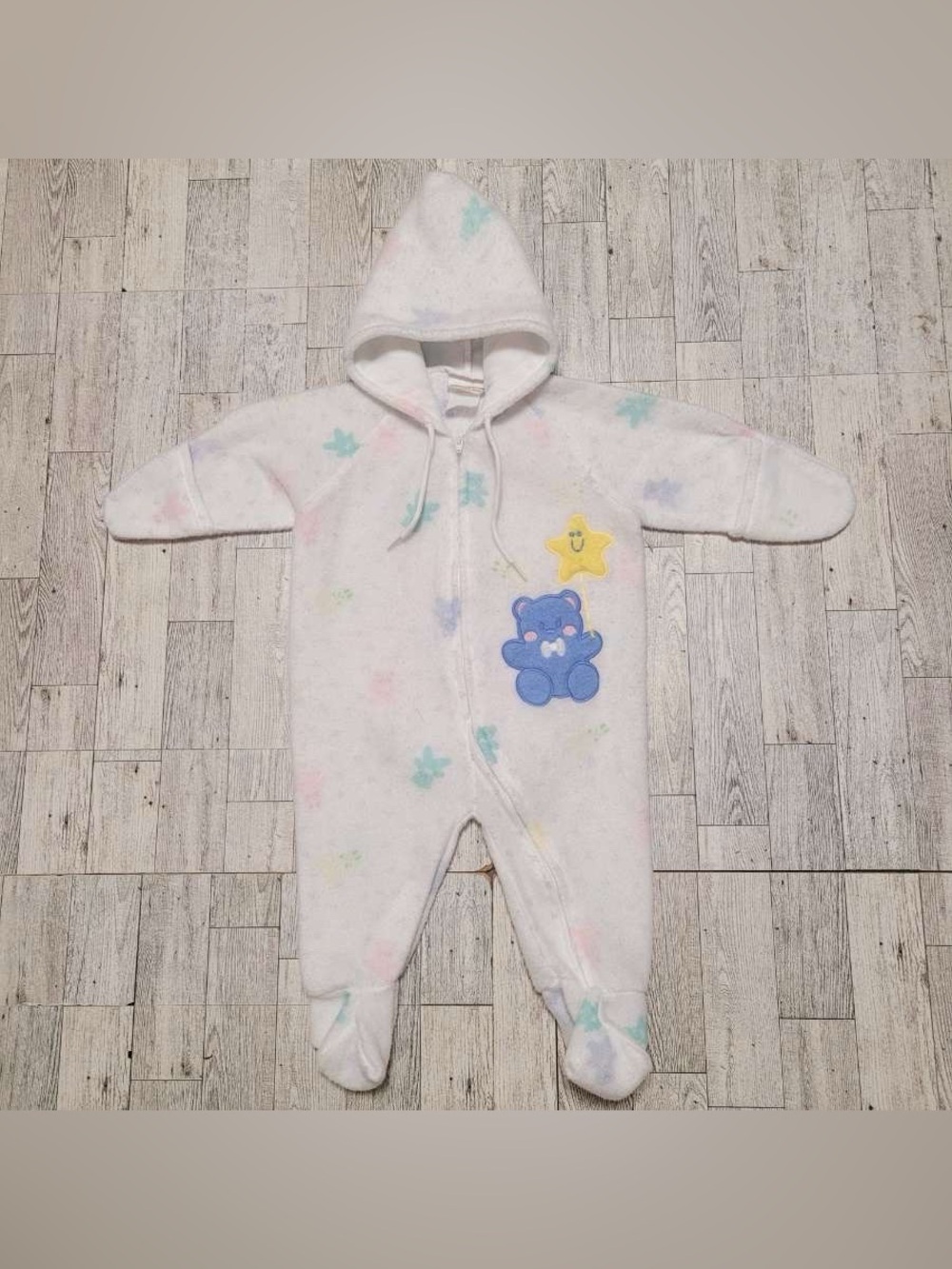 Vintage Baby White Fleece Footed Pajamas Sleepers Bear Star Print Hooded 6-12m